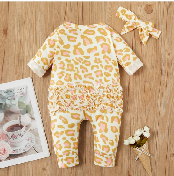 NWT 2pcs Baby Leopard Ruffled Jumpsuit/ Headband - Picture 4 of 6